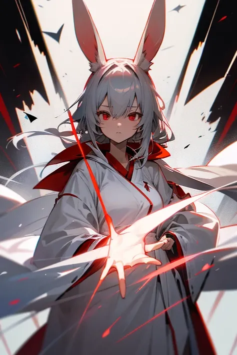 anime, woman, gray hair, White rabbit ears, red eyes,long white robes, strong, Facing the front. No background