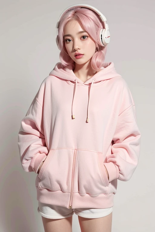 1girl, background, Short, pale pink hair, brown eyes, Pink headphones with ears, pale pink gloves, pale pink hoodie, white shorts, 