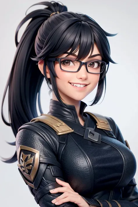 valkyrie, Ponytail, black hair with bangs, wear glasses, smile brightly