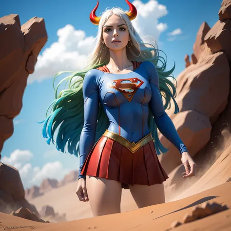 Detalhado cabelo branco longo,  tamanho de arquivo enorme, 1girl, demon girl, Superhero Supergirl, terno Supergirl, capa vermelha, S do super-homem no peito, blue swimsuit, Red skirt, botas vermelhas, ultra sexy hiper sedutora, (Desert Oasis:1.1), Rosto ex...