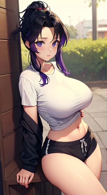 (masterpiece), best quality, expressive purple eyes, perfect face, massive boobs, standing, wearing a tied t shirt and short pant, front facing, black and purple hair, thigh legs , Carla Yeager