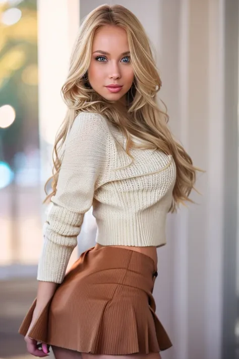 a sexy woman posing with long blonde hair, cotten sweater croptop, mini skirt bokeh, sharp focus , photo realistic, realism, uhd...