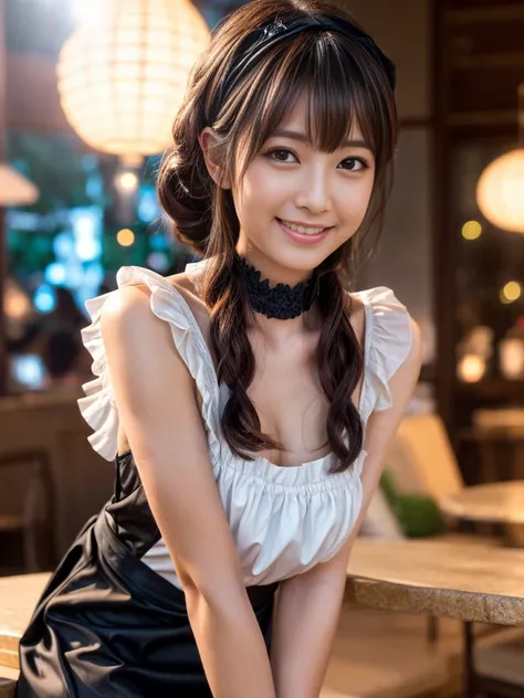 masterpiece, 1 girl per photo, full body shot, View from the front, young beautiful japanese woman, At a cafe wearing a cute short-sleeved satin black maid costume and smiling broadly., Wearing a white ruffled headband, white frilly apron, black choker, gl...