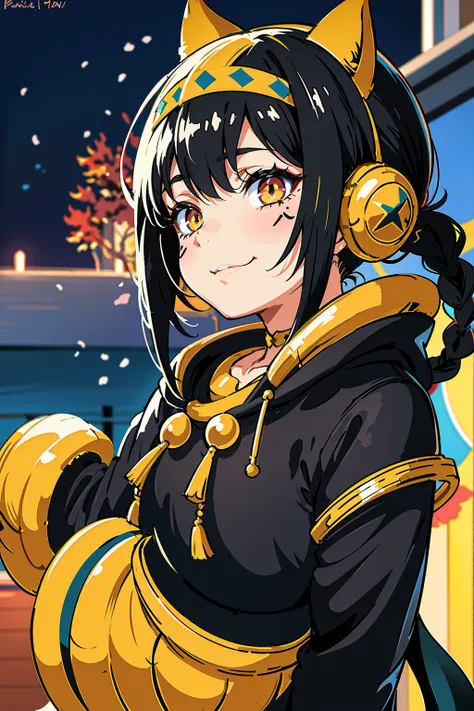 splash art, genshin impact, ice element, black hair, crossed bangs, front braid, hood, crown, scar on cheek, bead necklace, yellow hairband, symbol-shaped pupils, star-shaped pupils, longeyelashes, color contact lenses, cat ears, makeup, evil smile, excite...