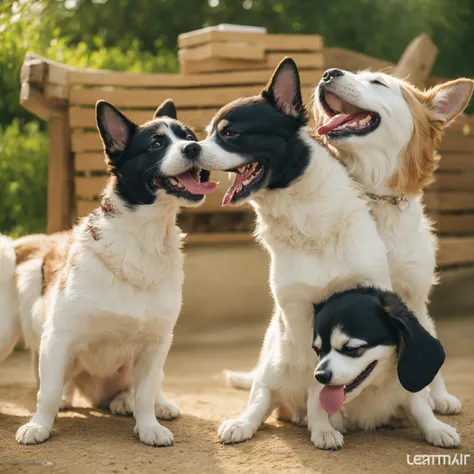 A heartwarming scene capturing the joyous moments of dogs playing, looking natural and engaging in daily fun activities. Realistic fur textures, playful expressions, and the dogs unique personalities shining through. The setting  casual and comfortable, sh...