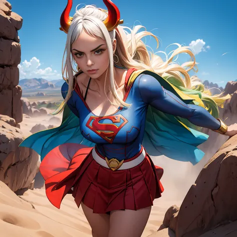 detalhado cabelo branco longo,  tamanho de arquivo enorme, 1girl, demon girl, superhero supergirl, terno supergirl, capa vermelh...