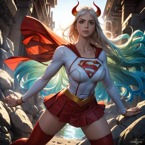 Detalhado cabelo branco longo,  tamanho de arquivo enorme, 1girl, demon girl, Superhero Supergirl, terno Supergirl, capa vermelha, S do super-homem no peito, blue swimsuit, Red skirt, botas vermelhas, ultra sexy hiper sedutora, (Desert Oasis:1.1), Rosto ex...