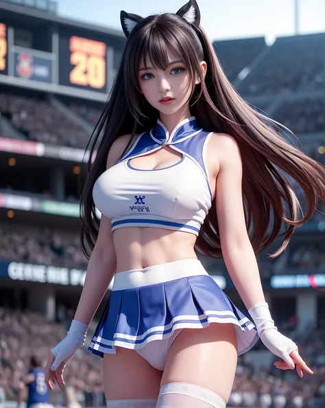 ((master parts, highest quality,Shinkai is absurd.( 1 woman,I, long hair, 21 years old,expressive blue eyes,huge breasts, huge breasts), Cheer Uniform Sleeveless Gym Top, pleated skirt,White laced panties with bandages, socks))) , College Football Field,Ot...