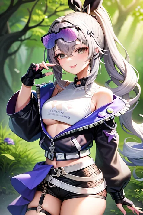 tmasterpiece， Best quality at best， SilverWolf V4， 1girll， 独奏， looking at viewert， ssmile， hair adornmentitts， hair between eye， jewely， jaket， 耳Nipple Ring， black glove， Fingerless gloves， sun glasses， glasses on head， forest behind， Sweet laugh