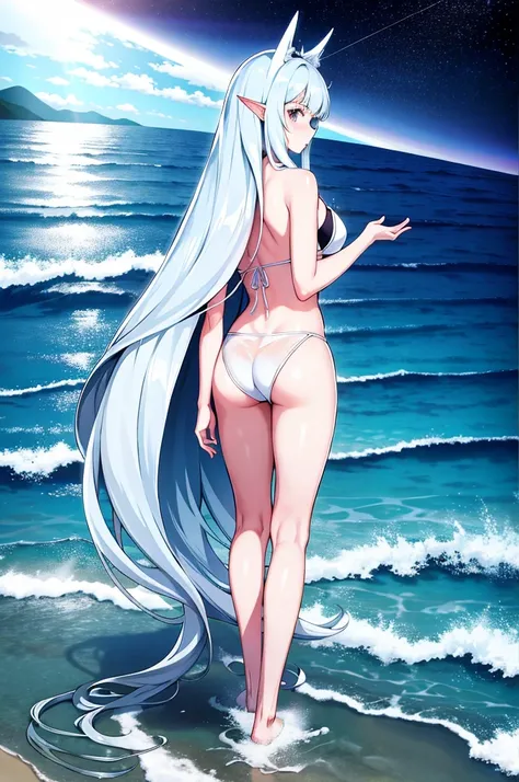 (best quality,ultra-detailed),long flowing hair,breathtaking,beach,Half ocean half empty,demarcation line,in the background,backlit.