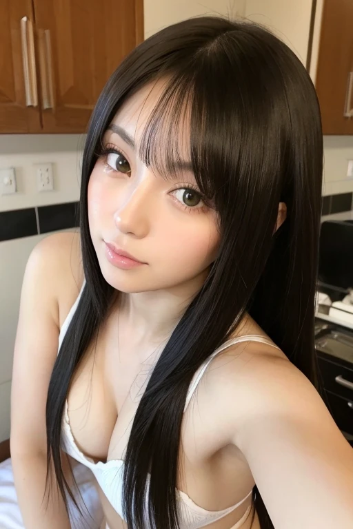 (Chica japonesa), cabello largo, ojos verdes, piel blanca, 25 years old, dormitorio, alta calidad, sexy, cuerpo completo.