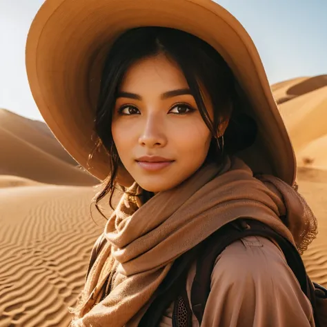 A beautiful woman traveling through the desert on a camel