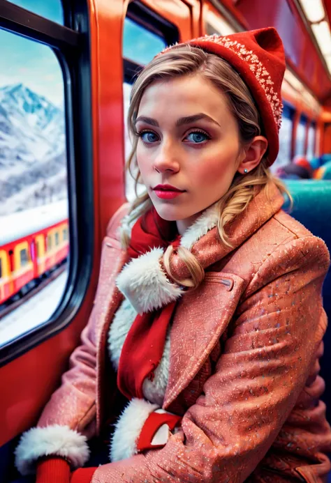 a Beautiful Elf, Pointy ears and charming eyes, sitting on a train, christmas, close-up, peaceful atmosphere, high-quality brushstrokes cubism, train journey, snowy landscape, dynamic composition, rich color palette surrealism, dreamy snowy scene, tilted a...