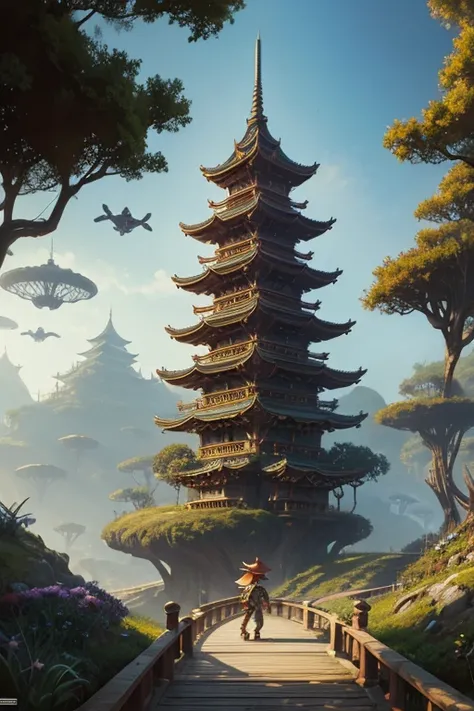 a painting of a man standing on top of a bridge, concept art, inspired by Rodney Matthews, cg society contest winner, digital painting of a pagoda, rayman, in a park on a alien planet, american mcgees alice