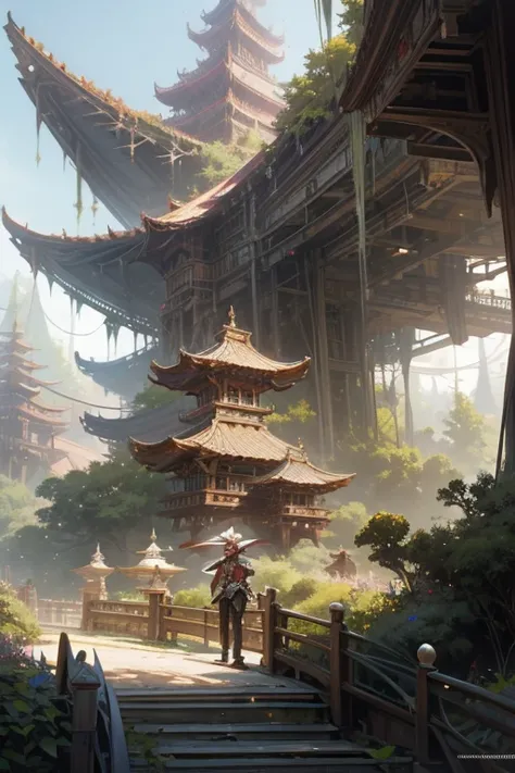 a painting of a man standing on top of a bridge, concept art, inspired by Rodney Matthews, cg society contest winner, digital painting of a pagoda, rayman, in a park on a alien planet, american mcgees alice