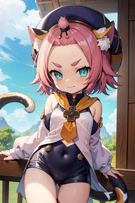 catgirl, bottomless, 10 years old, furrowed eyebrows, smirk, loli, outside, tail, detached sleeves, hat,