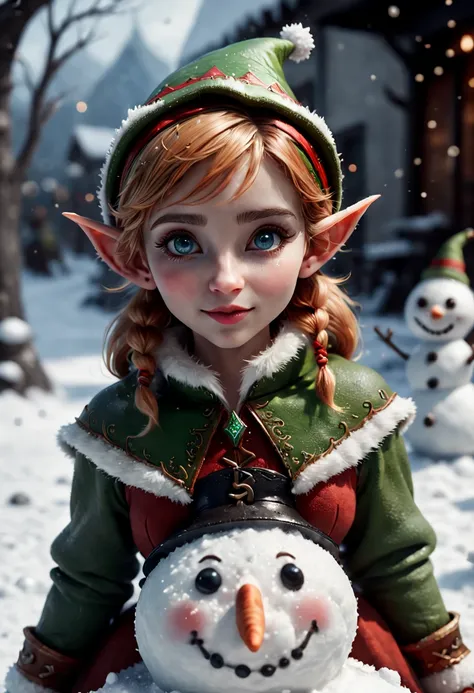 a beautiful elf, pointy ears and charming eyes, miniature, mini snowman, snow, super fine, ultra hd, virtual engine, romance, fi...