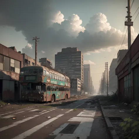 (best quality,4k,highres,masterpiece:1.2),ultra-detailed,realistic,old rusty bus in a post-apocalyptic city,desolate landscape,abandoned buildings,dramatic lighting,ominous atmosphere,detailed texture of rust,gritty and worn-out appearance,dark and moody t...