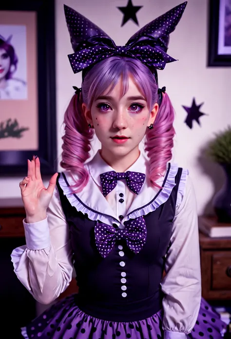 a Beautiful Elf, Pointy ears and charming eyes, witch hat, white shirt, pink hair, hair ornament, polka dot scrunchie, long sleeves, frilled skirt, striped bow, frills, sleeveless, polka dot, black headwear, hands up, purple bow, purple skirt, hat bow, bla...