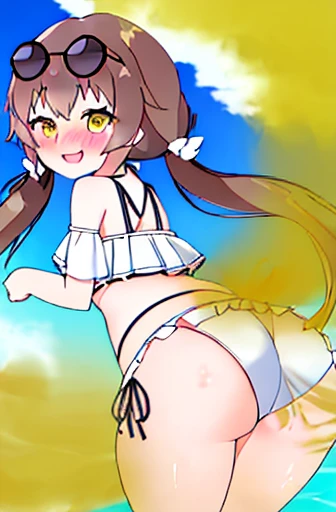 highest quality、masterpiece、high resolution、solo、{hifumi_bluearchive:1.15}、long hair、twin tails、ローtwin tails、yellow eyes、light brown hair、blush、open your mouth、bangs、smile、clavicle、1 girl、bikini、Day、wears glasses on head、frills付きbikini、frills、null、sunglass...