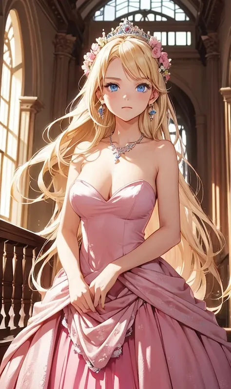 1girl,in an large castle hall, princess ,((blue eyes)), blonde, pink strapless dress, long hair, earrings, cleavages, necklace, 15 years old, flowers on dress