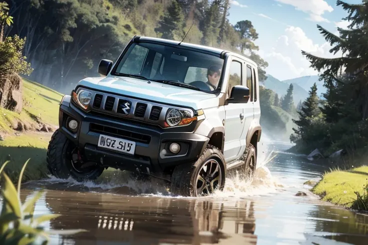 suzuki jimny, driving through deep mud, ((off road route, car submerged in mud)), mud spread