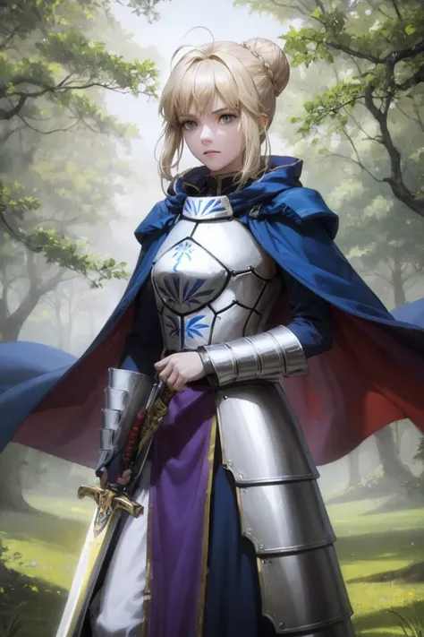 1 girl，a face，Artoria，king arthur，King of England，Destiny serieedieval knight，((bright blonde))，standing on the grass，golden sword，The sword in the middle of the picture，Close-up of the sword，ground it，Hands holding a sword，in the forest，Serious expression...