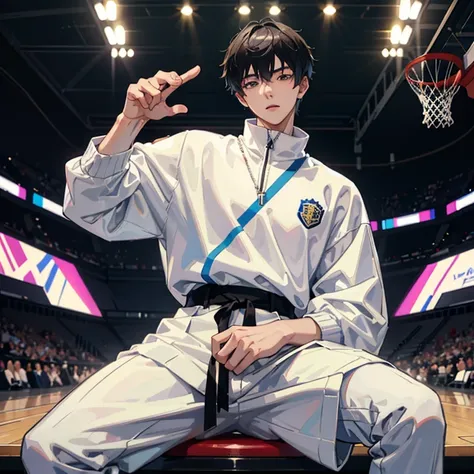 1 Korean young men，male，20 years old，High，Height 180 cm，Hair  medium length，White sweatshirt，black long pants，White high top basketball shoes，White sport socks，Sit on the basketball court，Feet reach for the lens，giving the middle finger，Badass anime 4k ，PO...