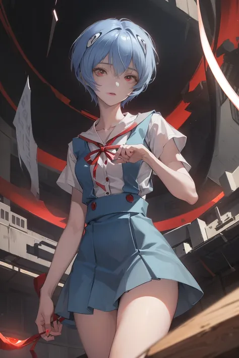 reiayanami, rei ayanami,All nude,whole body,Tattered school uniform,spread your legs and expose your crotch, blue hair, short hair, (red eyes:1.5),small breasts,small breasts,underwear exposed,
break blue dress, dress, neck ribbon, pinafore dress, red ribb...