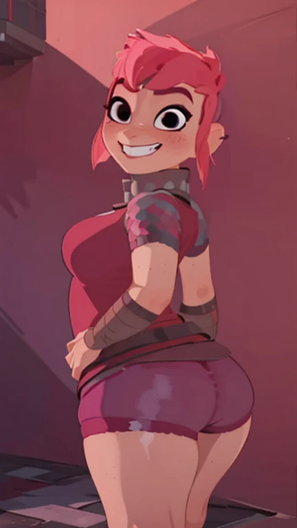 (Best quality, ultra detailed, masterpiece, 1girl), ((((solo)))), ((rear view)), Human, female, nimona, (making a sexy pose), ((looking at viewer, smiling, with a smug expression)), black eyes, (((blushing))), (pink hair), sharp, large breasts, (wide hips,...