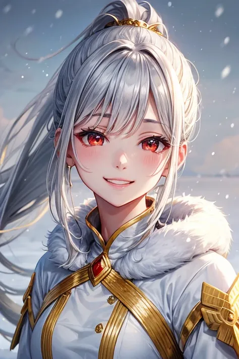 Queen、gray hair、white dress、gold decoration、red eyes、in the snow、smile、ponytail