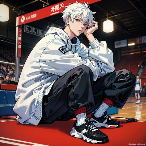 1 Korean young men，male，20 years old，High，Height 180 cm，Hair  medium length，White sweatshirt，black long pants，White high top basketball shoes，White sport socks，Sit on the basketball court，Feet reach for the lenadass anime 4k ，POV perspective，Proud，Cold，loo...