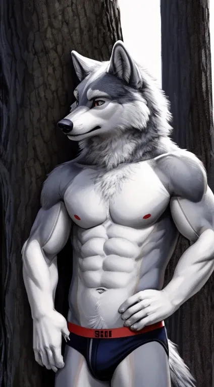 Wolf leaning against tree wearing speedos hands on hip