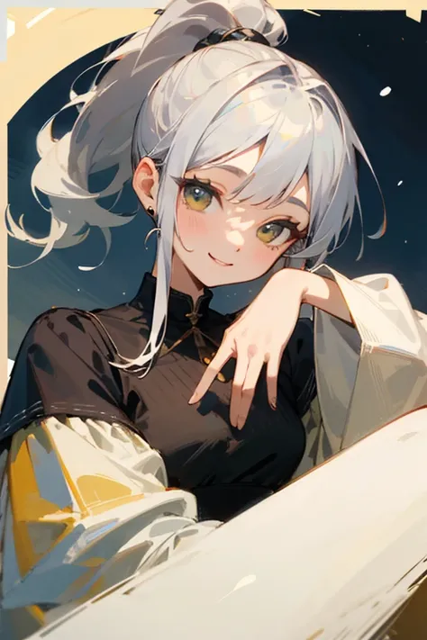 ((highest quality)), ((masterpiece)), (be familiar with), perfect face、winter、silver hair、yellow and black dress、smile、Queen、ponytail