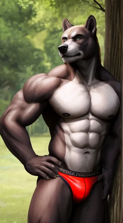 Muscular furry leaning against tree wearing speedos hands on hip