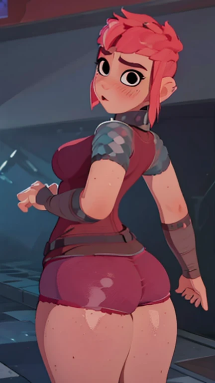 (Best quality, ultra detailed, masterpiece, 1girl), ((((solo)))), ((rear view)), Human, female, nimona, (making a sexy pose), ((looking at viewer)), black eyes, (((blushing))), (pink hair), sharp, large breasts, (wide hips, thick thighs, thick legs), sharp...