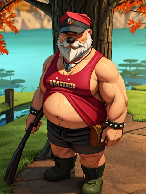 A detailed illustration only plump Chubby fat belly large morbid Plump elderly old bearded gray-haired age 65, furry wolf huge, morbidly plump, extremely thick thighs wearing only red swim trunks, He wears a bandana around his neck, long military boots, se...