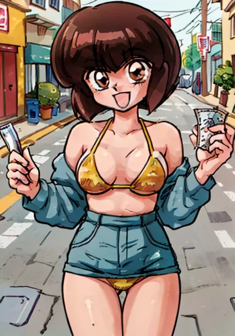 (masterpiece, best quality; 1.3), extremely detailed, ultra detailed, 1 girl, alone, smile, looking at viewer, smile, brown eyes, NabikiWaifu, big breasts, micro bikini, ((roll of bills)), :D, in a dark and dirty alley,