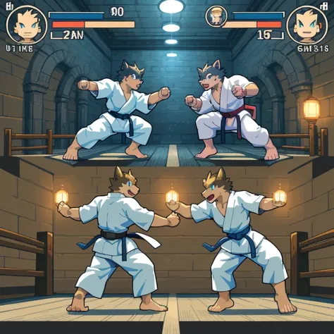 highres, absurdres(highly detailed beautiful face and eyes)perfect anatomy(kemono, furry anthro)(super handsome 2boys in karate gi, barefoot, pair)good lighting, cinematic shadow, detailed background, User Interface of Fighting game, dots game, pixel art, ...