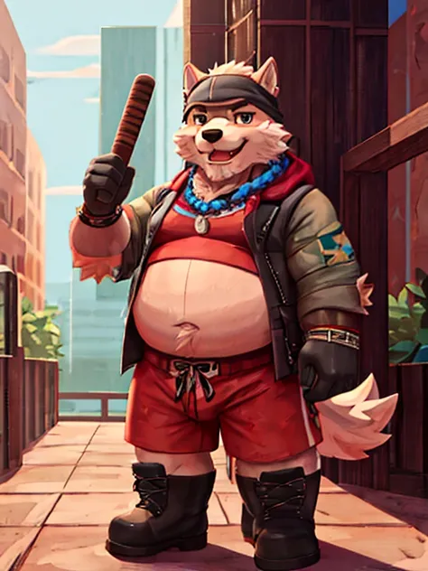 A detailed illustration only plump Chubby fat belly large morbid Plump elderly old bearded gray-haired age 65, furry wolf huge, morbidly plump, extremely thick thighs wearing only red swim trunks, He wears a bandana around his neck, long military boots, se...