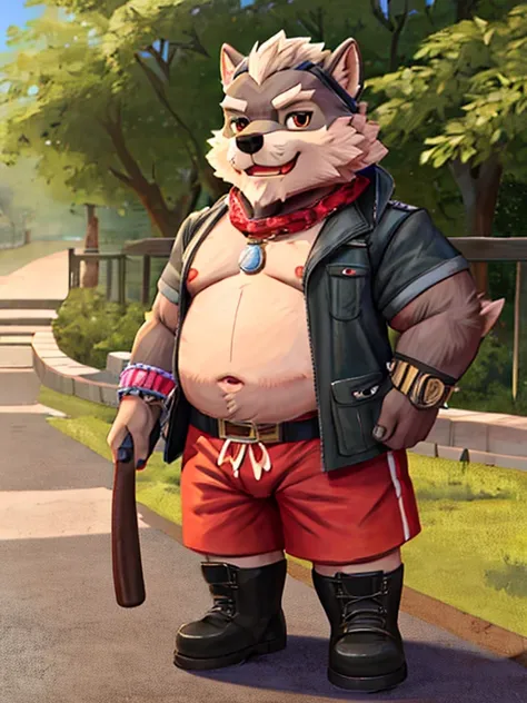 A detailed illustration only plump Chubby fat belly large morbid Plump elderly old bearded gray-haired age 65, furry wolf huge, morbidly plump, extremely thick thighs wearing only red swim trunks, He wears a bandana around his neck, long military boots, se...