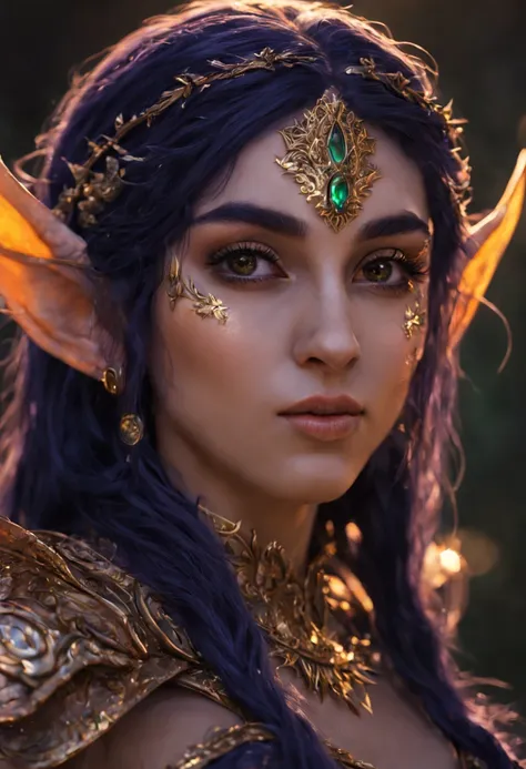 An portrait of a night elf hyperdetailed, volumetric lighting, golden hour, fairycore, deep color