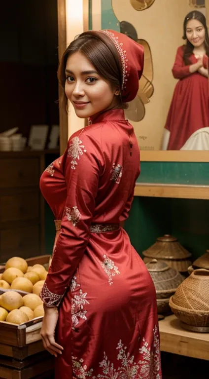 RAW, Best quality, high resolution, masterpiece: 1.3), beautiful Malay woman in hijab:0.8), Malaysian actress, woman standing on the market, beautiful design, wearing a red beautiful tight baju kurung, beautiful clothes, very beautiful style, floral patter...