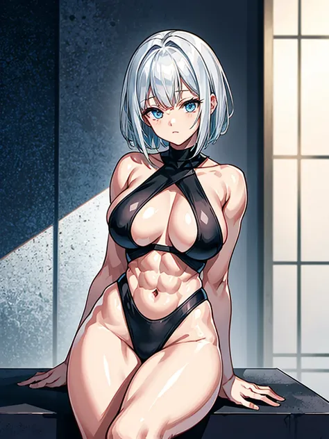 （（（masterpiece、Highest image quality、highest quality、highly detailed unity 8ｋwallpaper）））、（（Illustration of one girl））、（（（beautiful girl）））、（（white hair、short hair、light blue eyes））、（（（stocky build, thickset physique, muscular legs, broad shoulders, solid ...