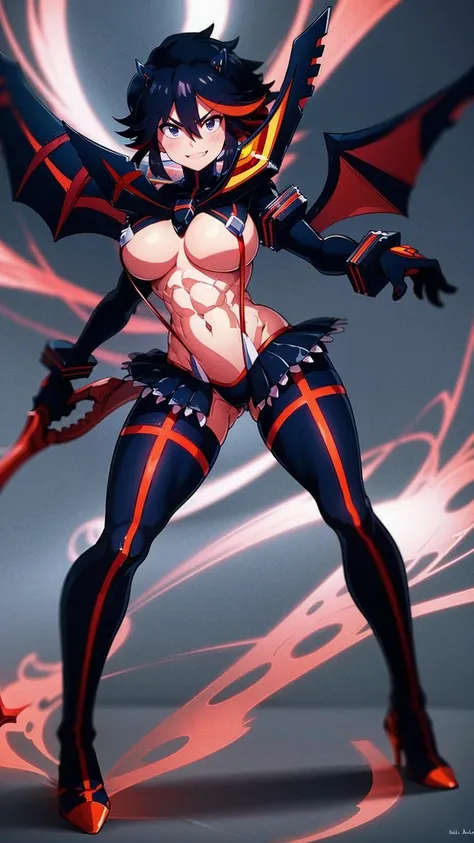 matoi ryuuko, dark armor, magical girl, dragon wings, kill la kill, red hair, large breasts, abs, wide hips, thick thighs, thick arms, pants, standing, black body suit, full body, boots,smile, pullover, miniskirt, black pullover,, black bodysuit, red hair,...