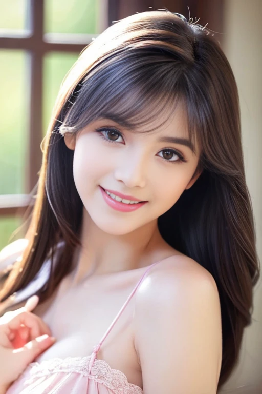 A beautiful woman with perfect eyes and nose、beauty like a model、cute like a model、eyes are double、eye color is blue、hair color is pink、her face is delicate and elegant.、8k images、Beautiful style like a model、Normally large、A refreshing and lovely smile、po...