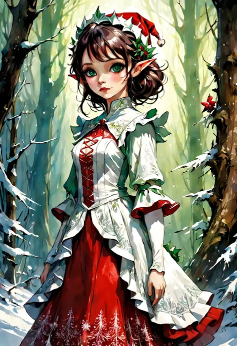 Beautiful elf queen green eyes in red- white Christmas dress , enchanted forest background, dark hair, fantasy, intricate details, hyper detailed, Jean Baptiste Monge, Carne Griffiths, Michael Garmash, seb McKinnon, masterpiece