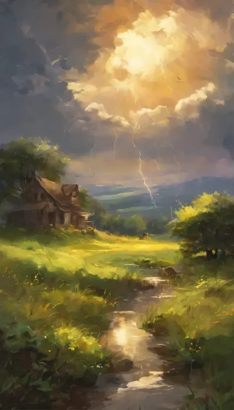 Generate an oil painting portraying the dynamic contrast between a thunderstorm and a sunlit meadow, capturing the power of nature