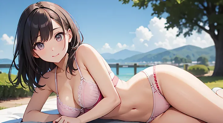 muste piece、highest quality、High resolution、girl、cute、brown eyes、beautiful eyelashes, realistic eyes、White and pink bra、White and pink panties、Wearing only underwear、Smooth texture:0.75、blue sky outdoors、cuteブラ、cuteパンティ