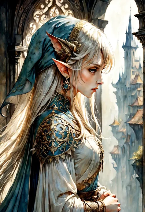 Very charming and beautiful Elf. Maximalist hyperdetailed fantasy masterwork by Alan Lee, Luis Royo and Anton Pieck. Warhammer fantasy. Hyperdetailed aquarelle masterpiece, impressive, cinematic light, perfect composition, strong shadows, soft colors, ink ...